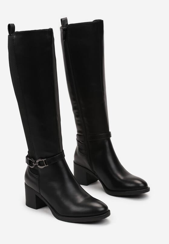 Bottes cavalières à talon carré avec bride, Noire