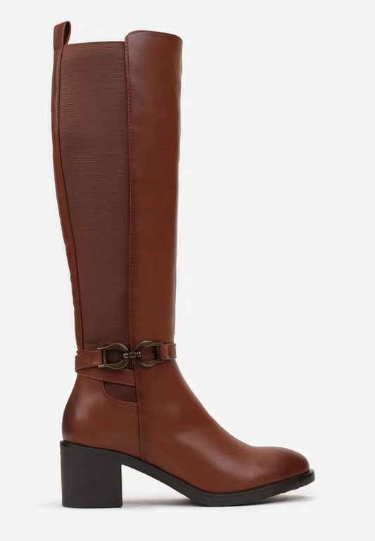 Bottes cavalières à talon carré avec bride, Cognac