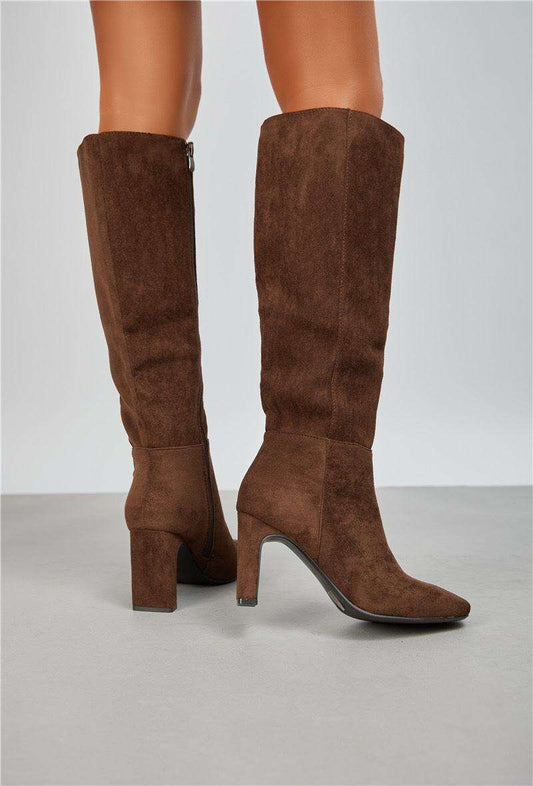 Bottes à talons bloc suédine,  Marron