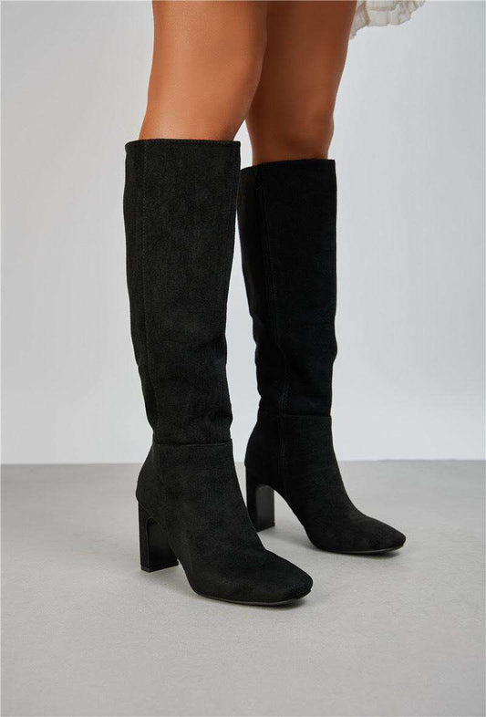 Bottes à talons bloc en suédine, Noir