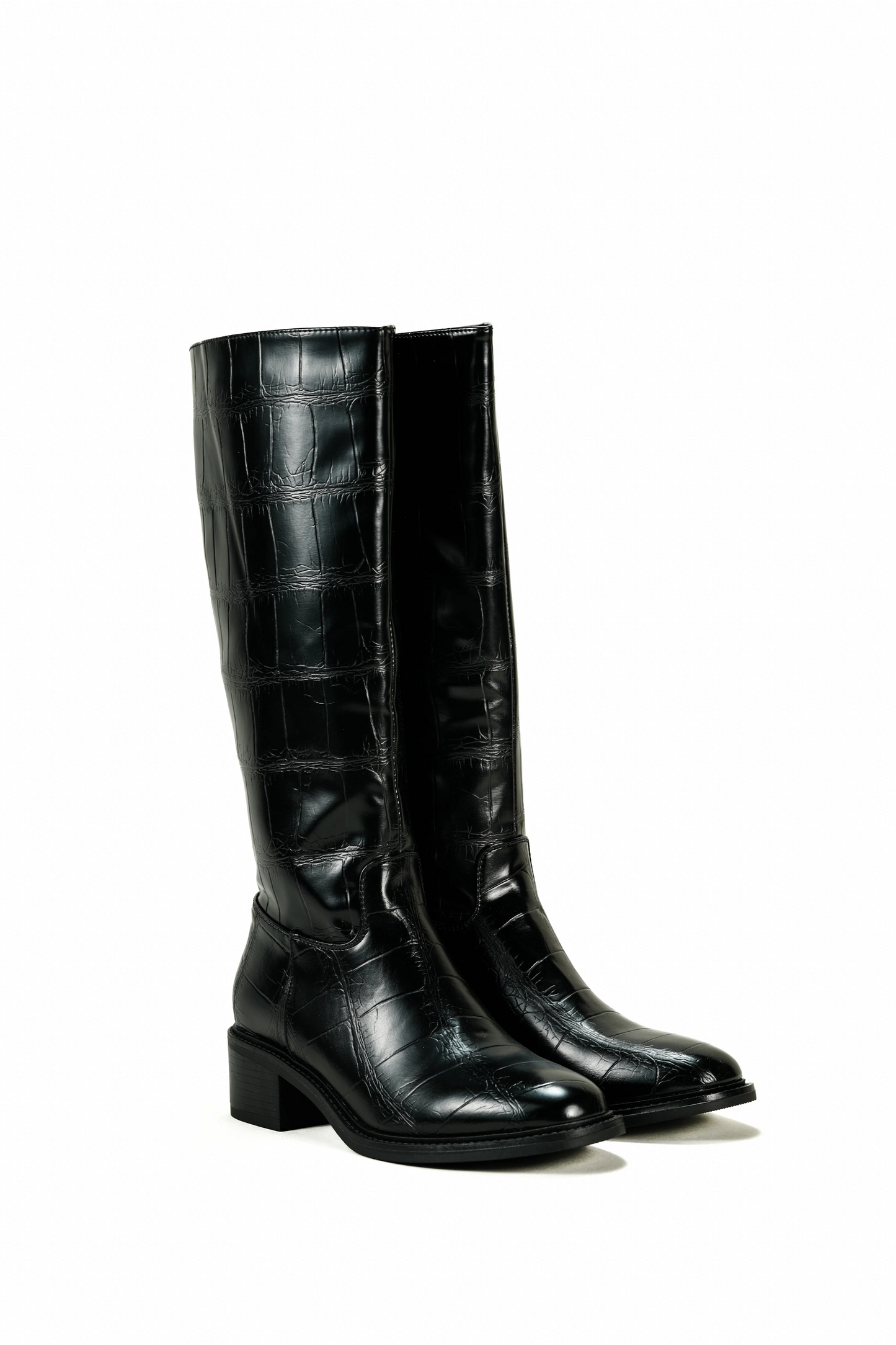 Bottes à petit talon en similicuir effet croco, Noir