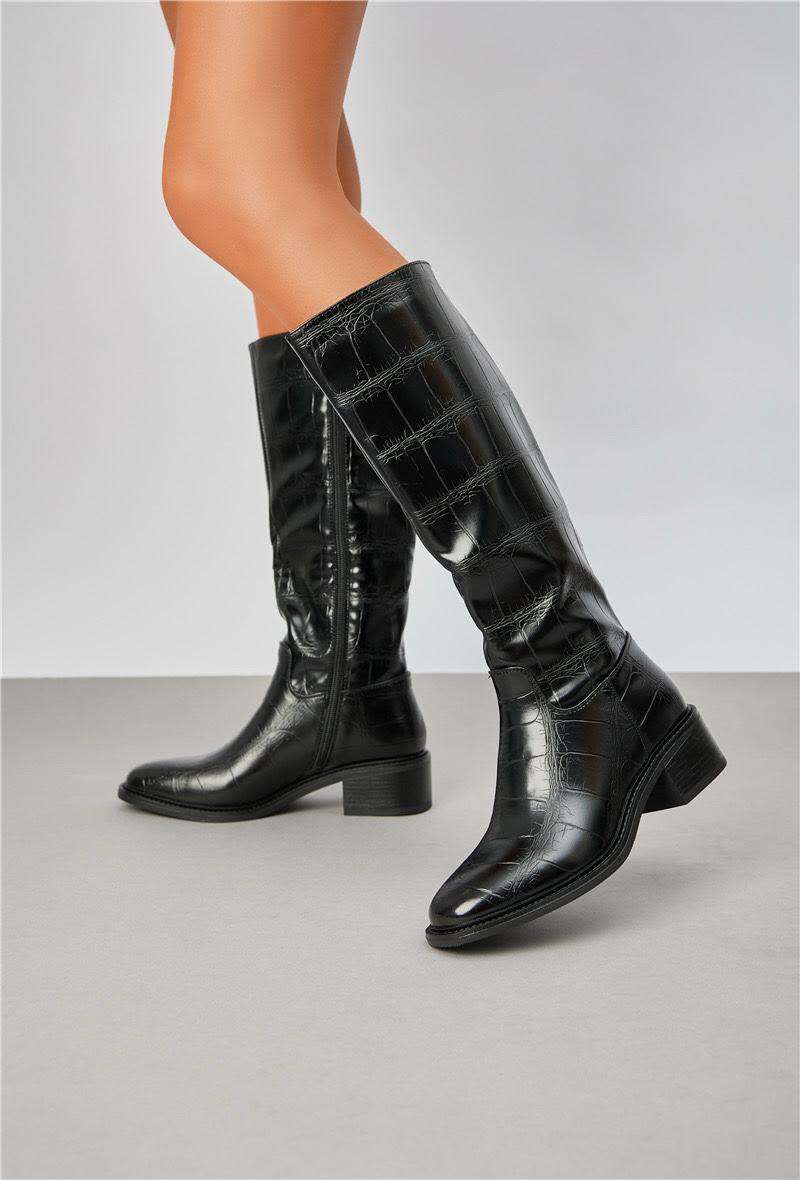 Bottes à petit talon en similicuir effet croco, Noir