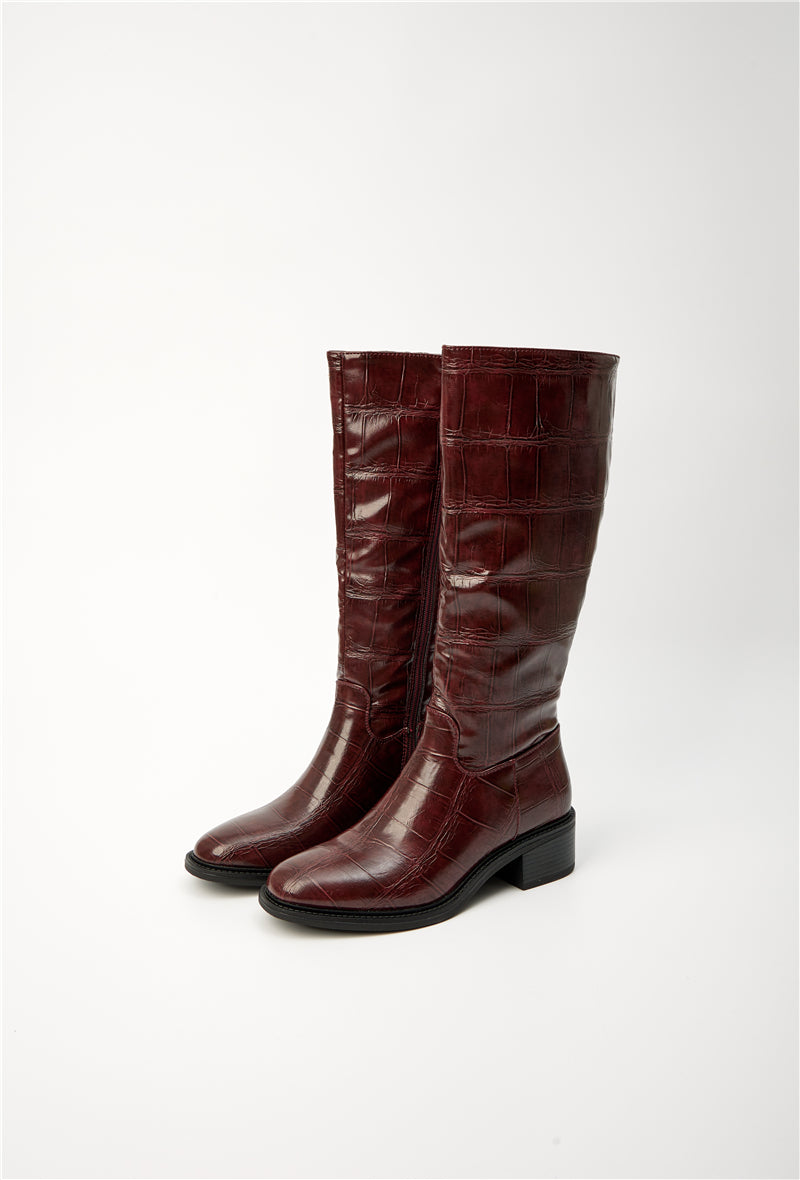 Bottes à petit talon en similicuir effet croco, bordeaux