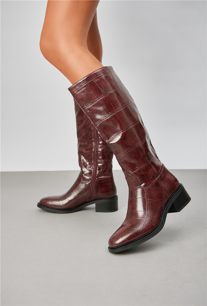 Bottes à petit talon en similicuir effet croco, bordeaux