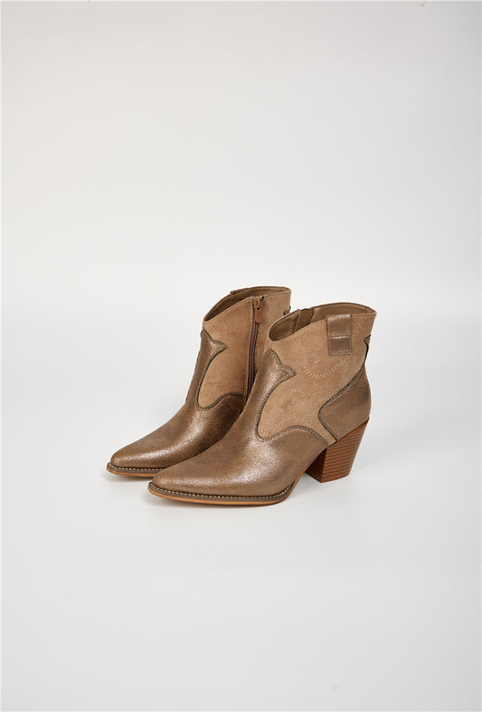 Bottine femme style Santiags effet métallisé, Taupe