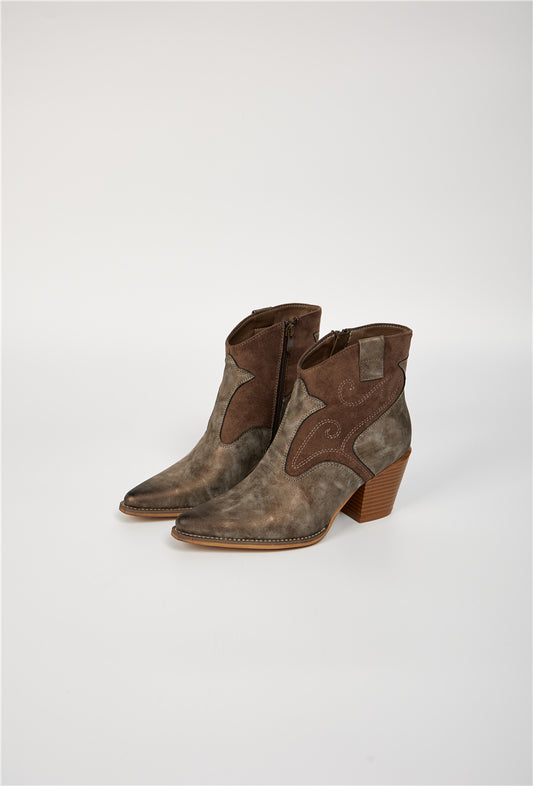 Bottine femme style Santiags effet métallisé, Kaki