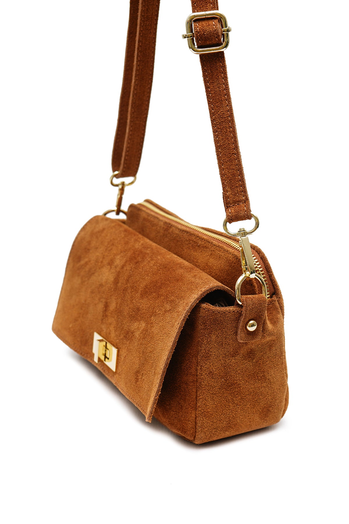 Sac cuir bandoulière ILIANA SUÈDE- Cognac