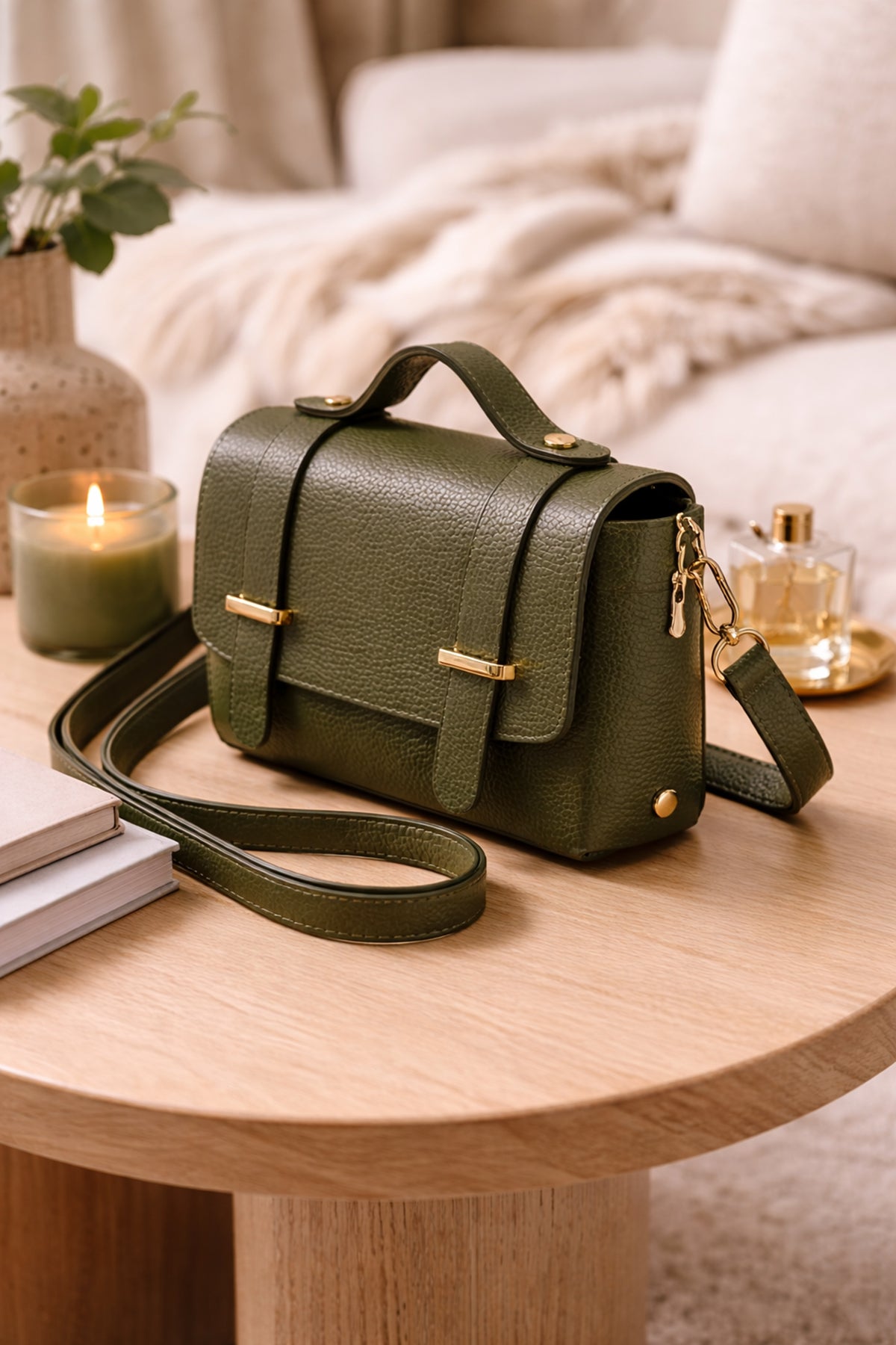 Sac cuir porté main BILLIE, Kaki vert