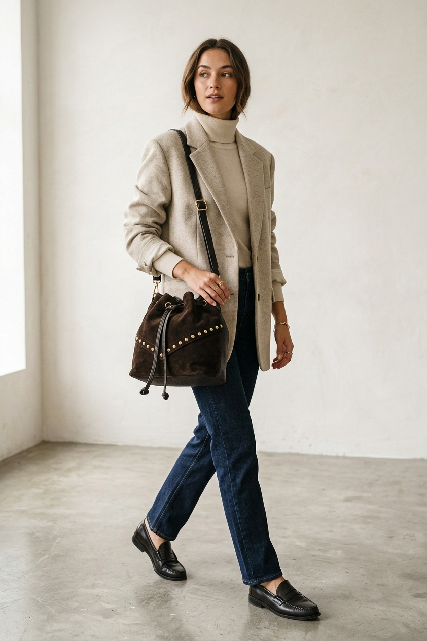 Sac Seau CUIR Clouté, Chocolat