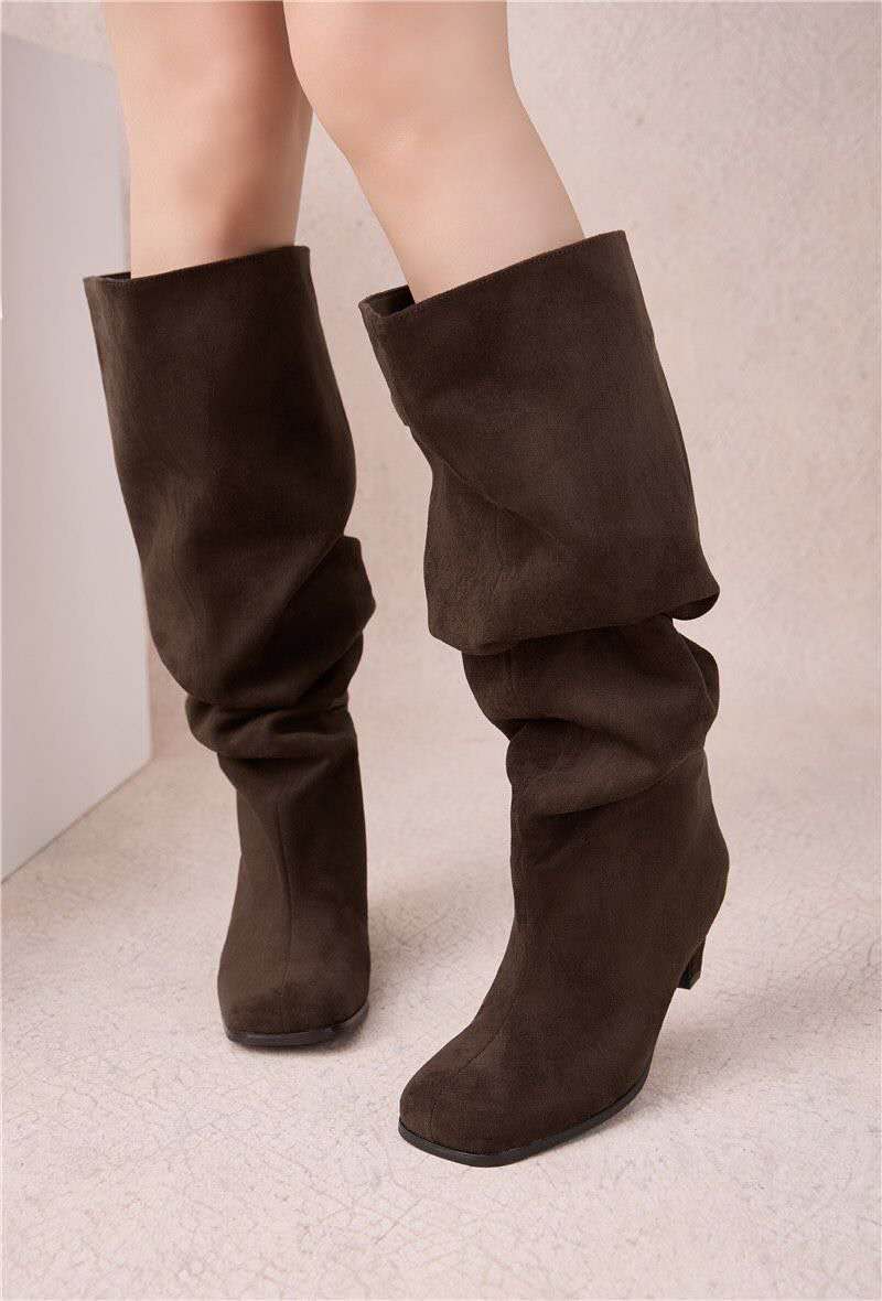 Bottes Hautes Plissées "Slouchy" en Suédine - Marron