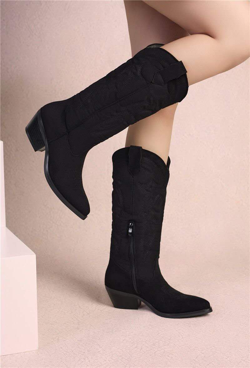 Bottes Hautes Style Santiags Brodées Noir