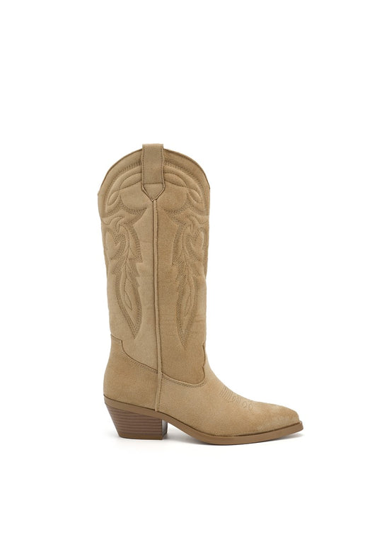 Bottes Hautes Style Santiags Brodées Beige Sable