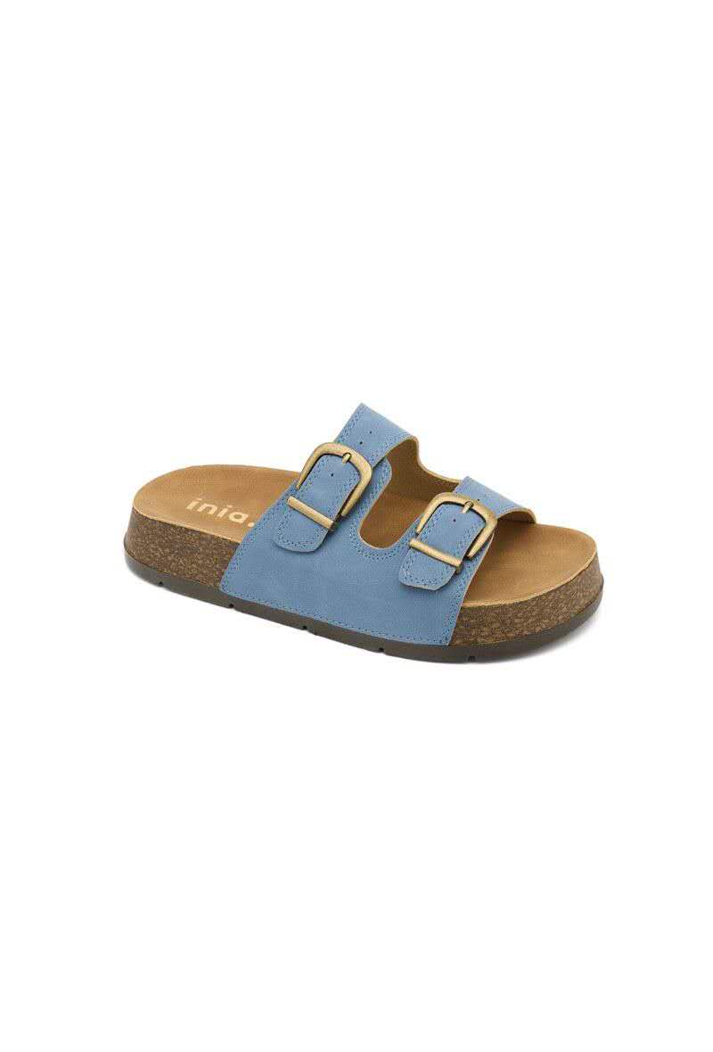 Mules plateforme à doubles brides larges, Bleu