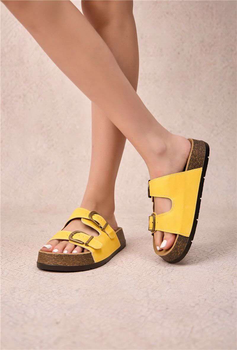 Mules plateforme à doubles brides larges, Jaune