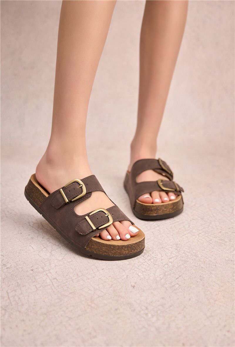Mules  plateforme à doubles brides larges, Marron