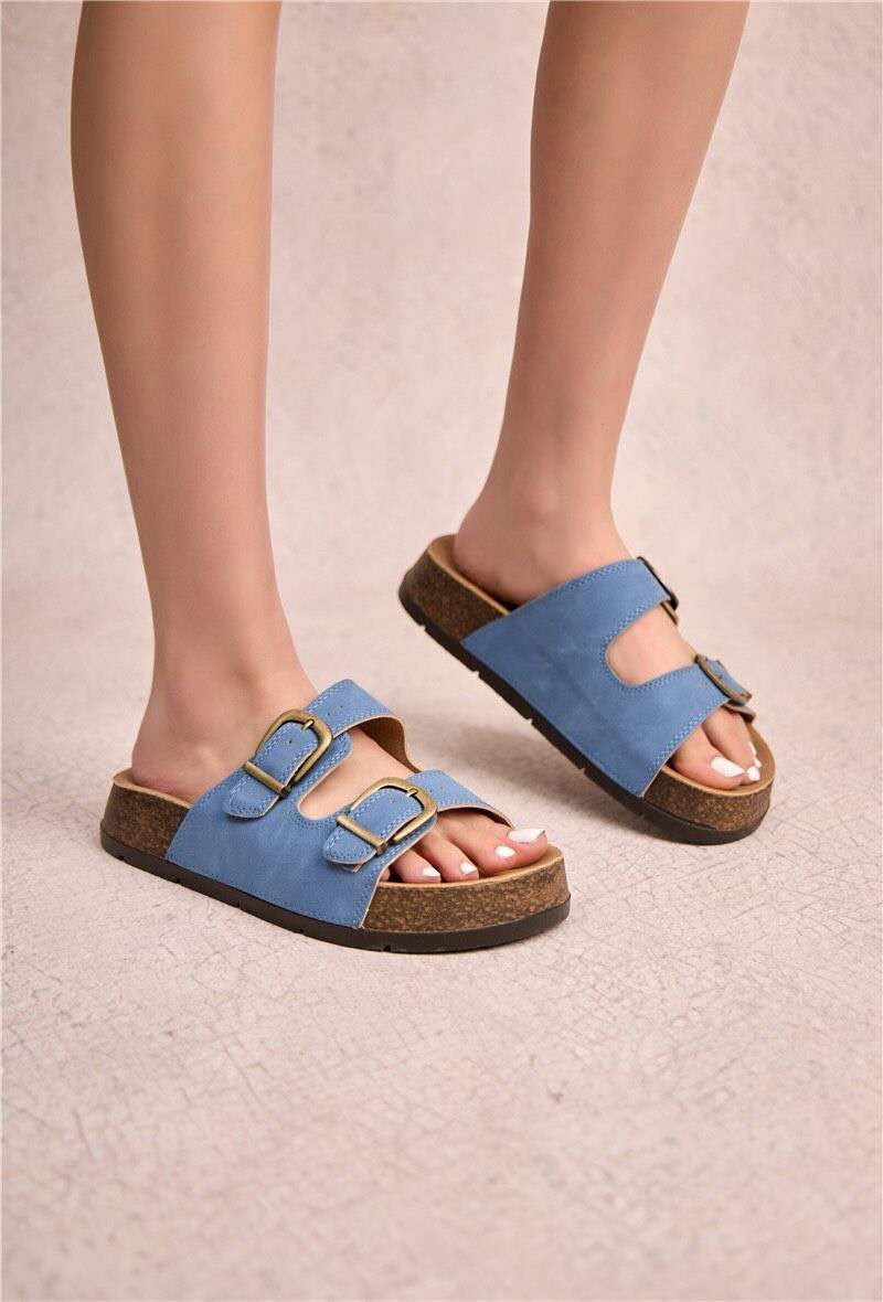 Mules plateforme à doubles brides larges, Bleu