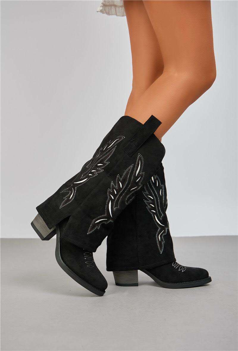 Boots Santiags guêtre style cowboy mi-mollet, Noir