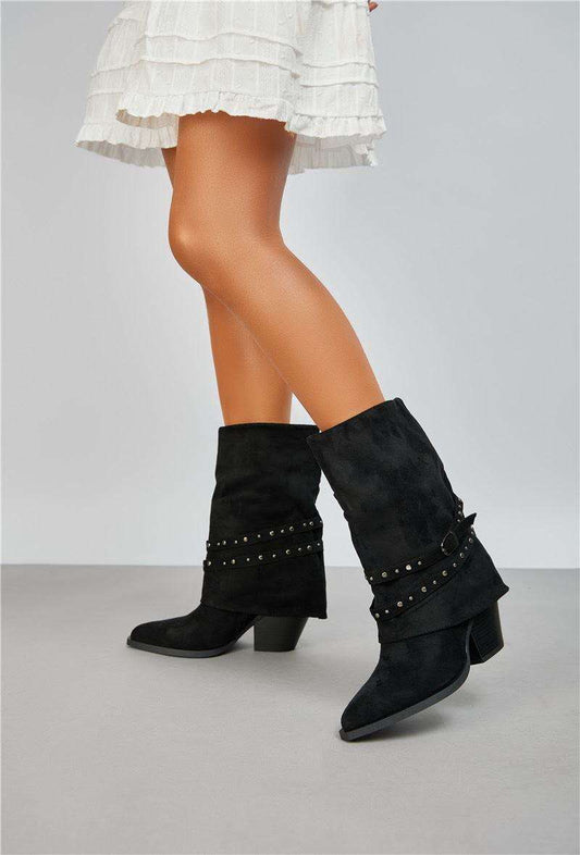 Santiags guêtre style cowboy avec boucle cloutée, Noire