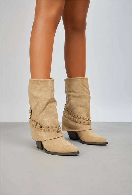 Santiags guêtre style cowboy avec boucle cloutée, Taupe