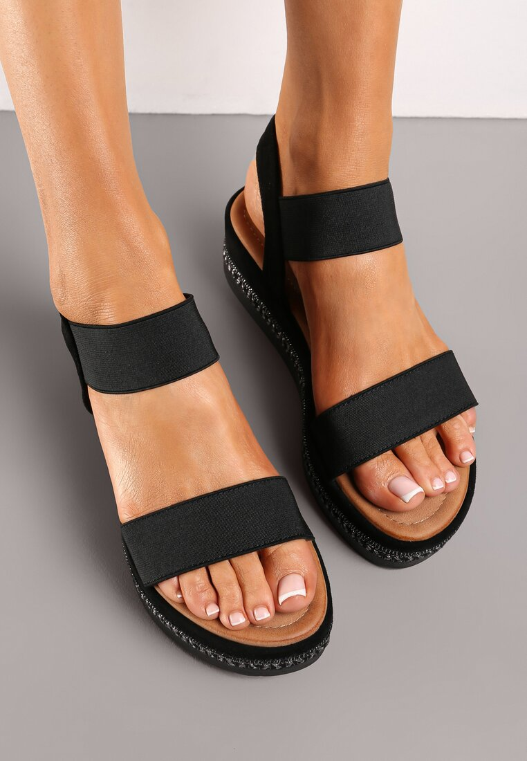 Sandale plateforme avec double bride élastique, Noir