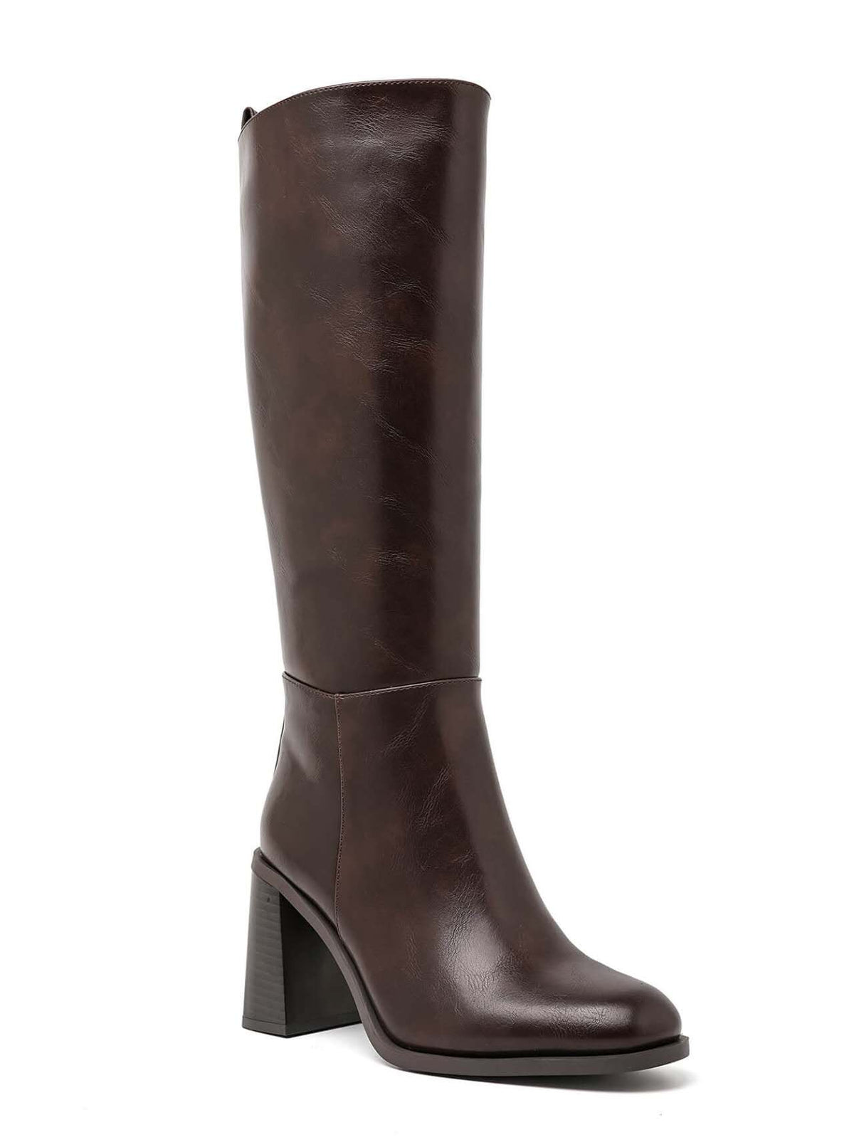 Bottes hautes à talon large et bout arrondi - marron