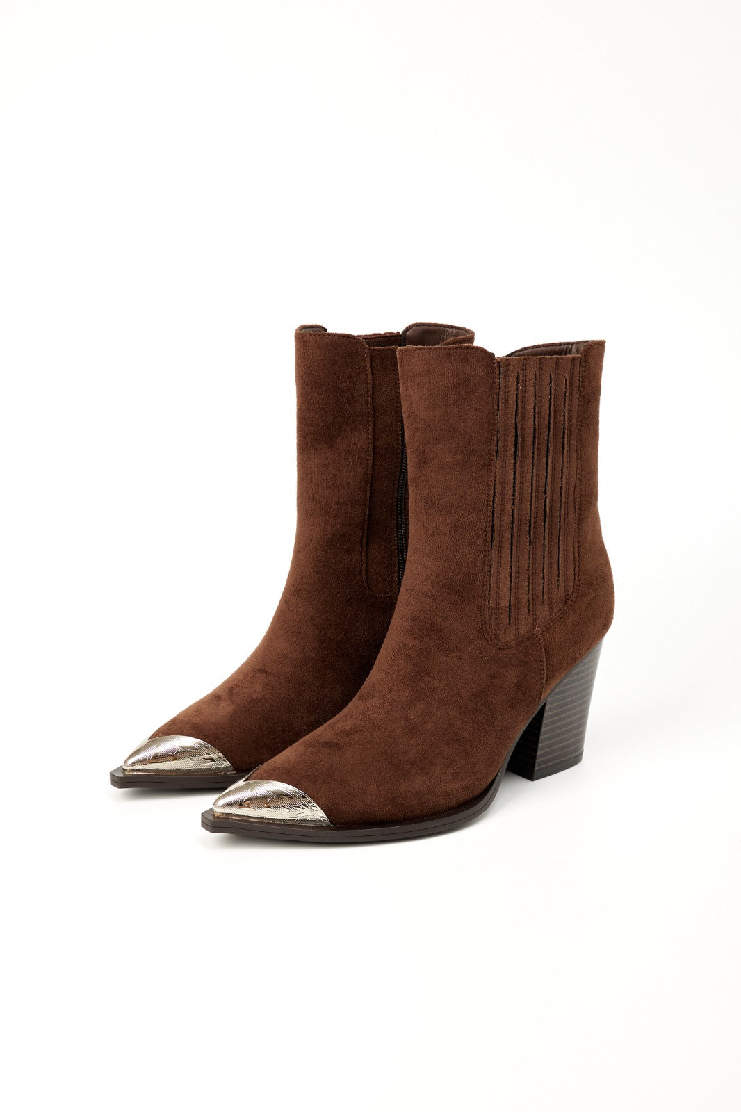Bottines santiags à talon suédine à bout métallique, Marron