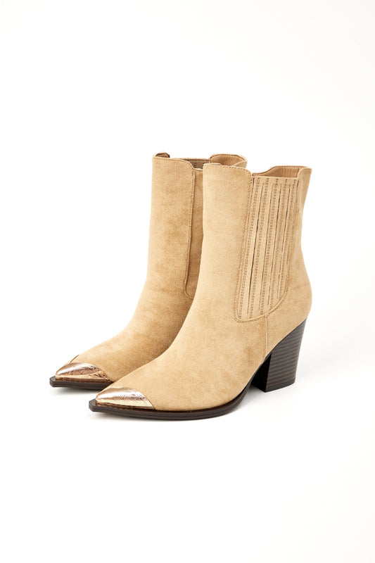 Bottines santiags à talon suédine à bout métallique, Taupe
