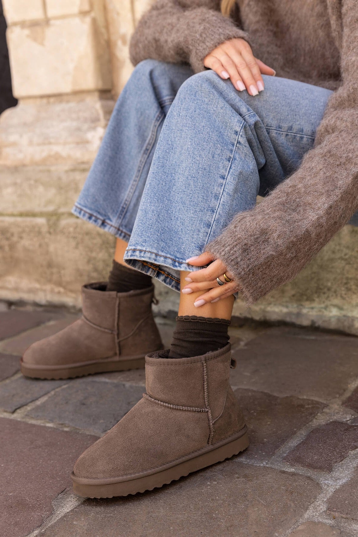Bottines fourrées en cuir suède - taupe