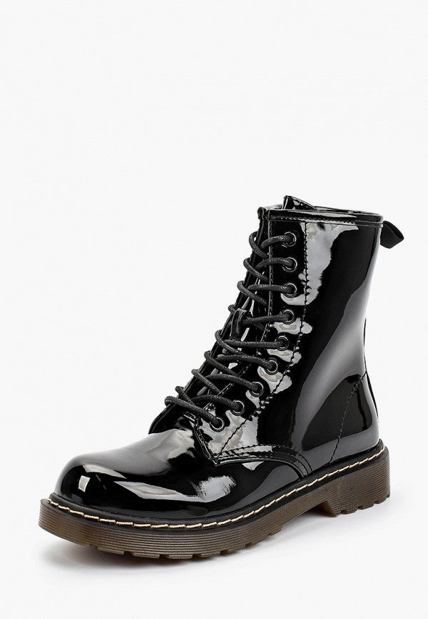 Bottines femmes plates à lacets, Noir Vernis