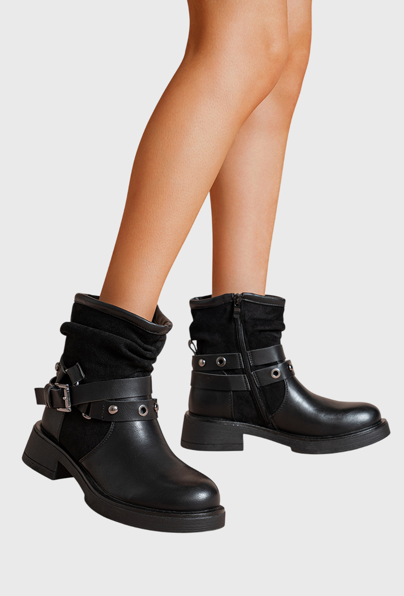 Bottines femmes plissée à brides cloutées, Noire