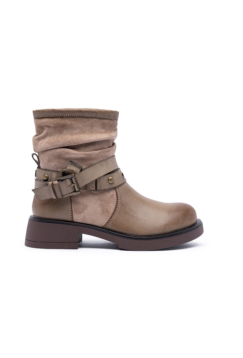 Bottines femmes plates plissée à brides cloutées, Taupe