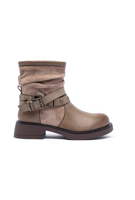 Bottines femmes plates plissée à brides cloutées, Taupe