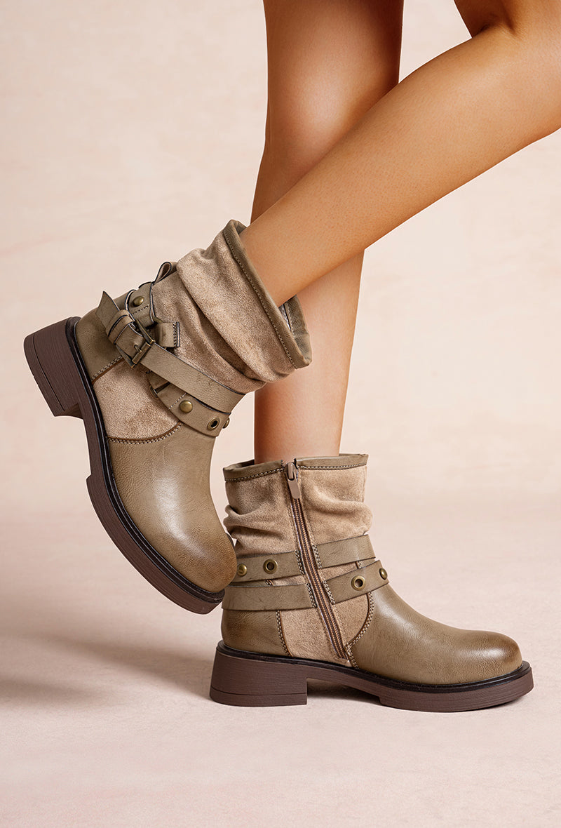 Bottines femmes plates plissée à brides cloutées, Taupe
