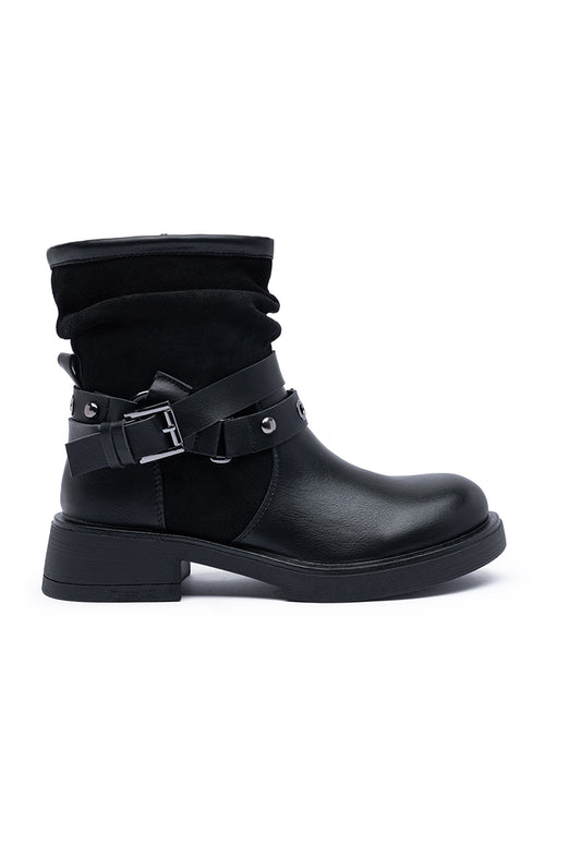 Bottines femmes plissée à brides cloutées, Noire