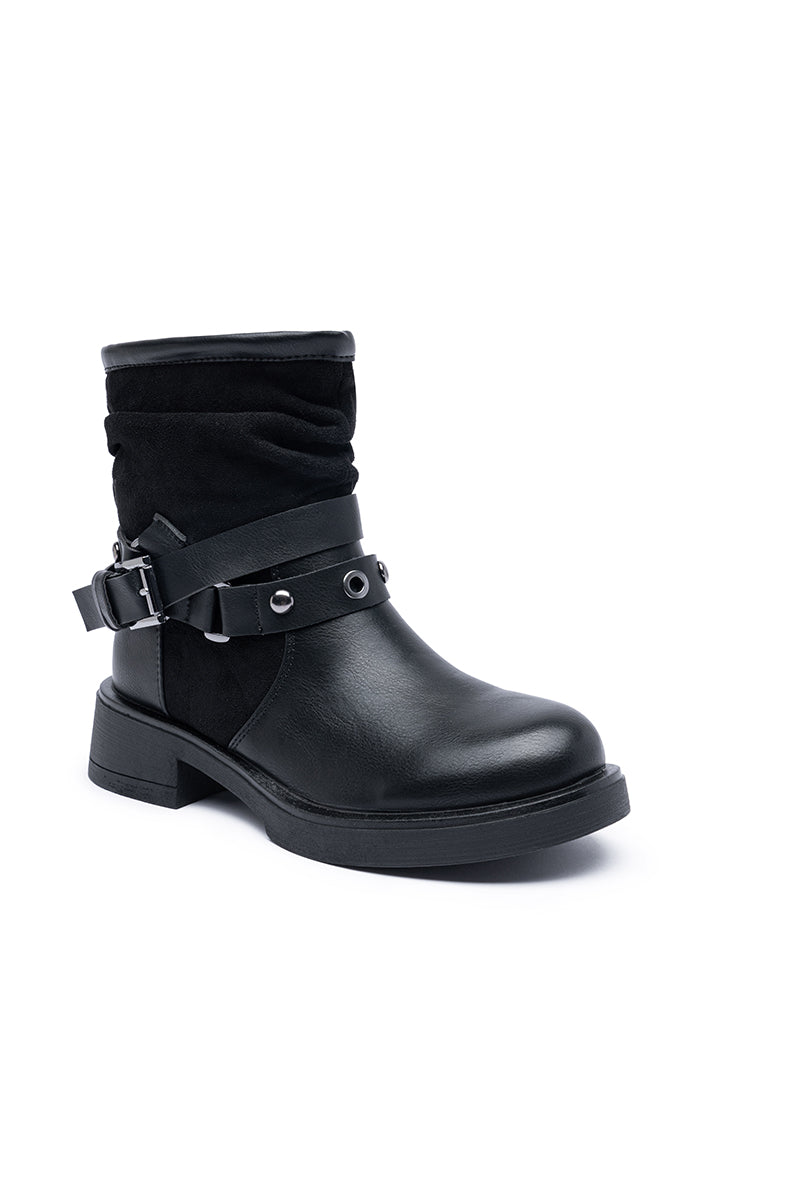 Bottines femmes plissée à brides cloutées, Noire