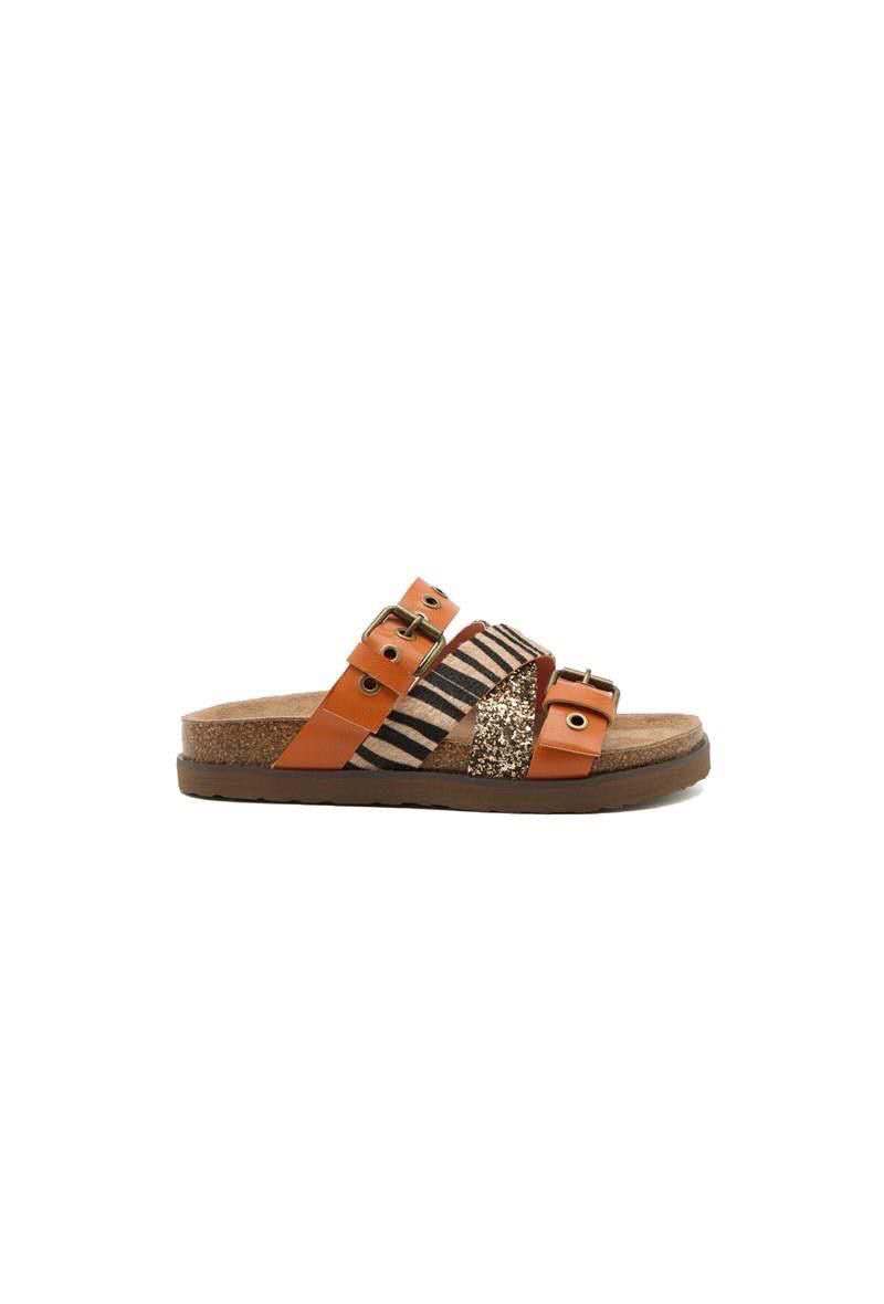Mules avec bride motif léopard semelle effet liège