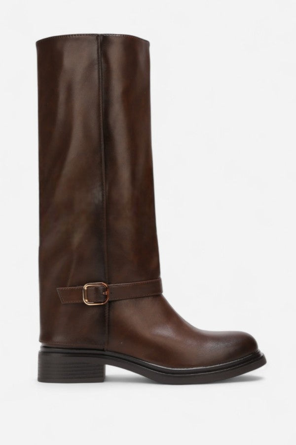 Bottes motard plates avec détail boucle, Marron