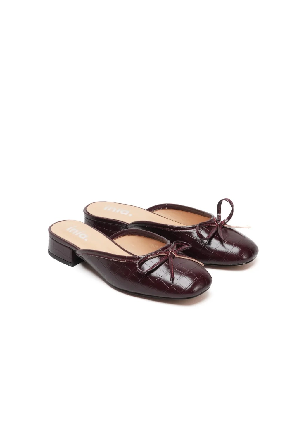 Mules Ballerines à Petit Talon Effet Croco Bordeaux