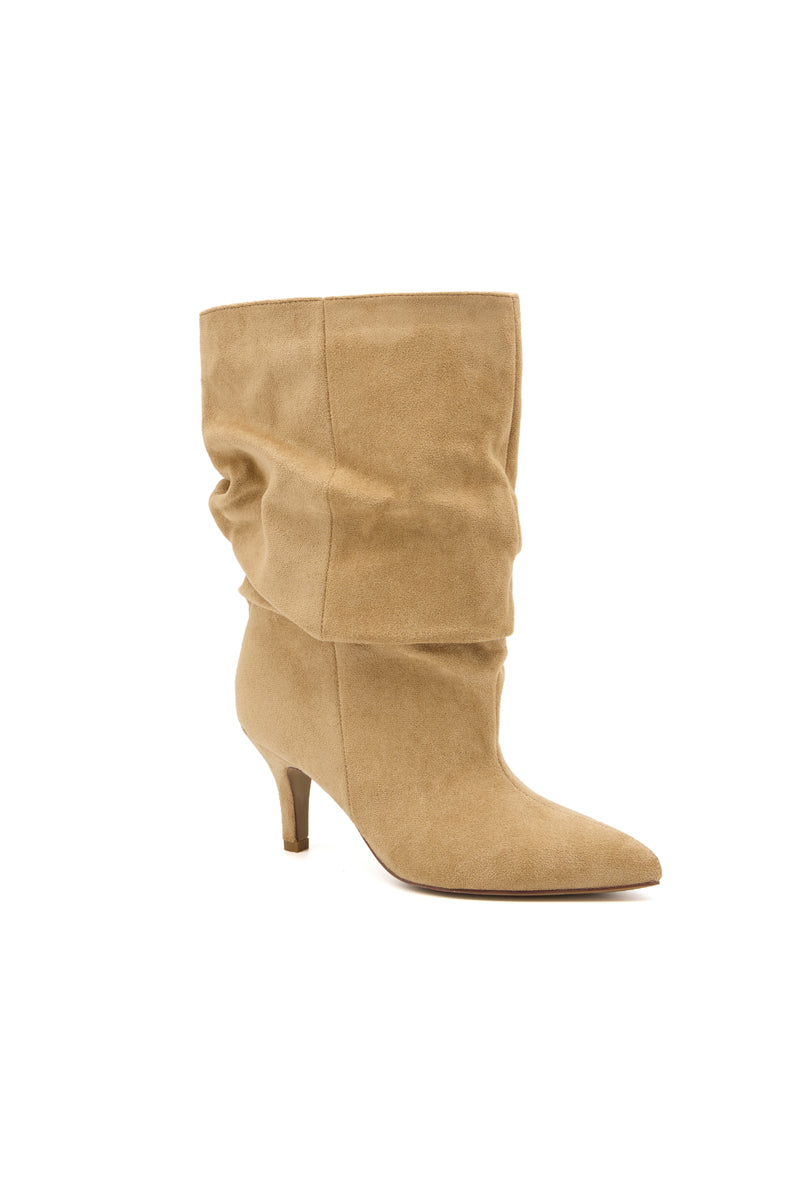 Bottines bout pointu souple plissé à talon, Taupe