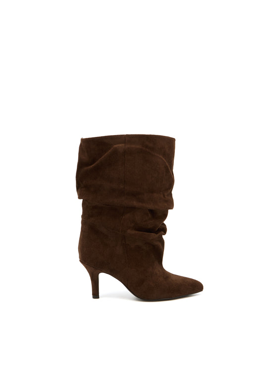 Bottines bout pointu souple plissé à talon, Marron