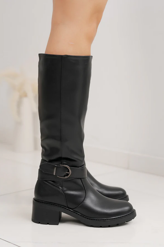 Bottes cavalières plateforme talon bloc, Noir