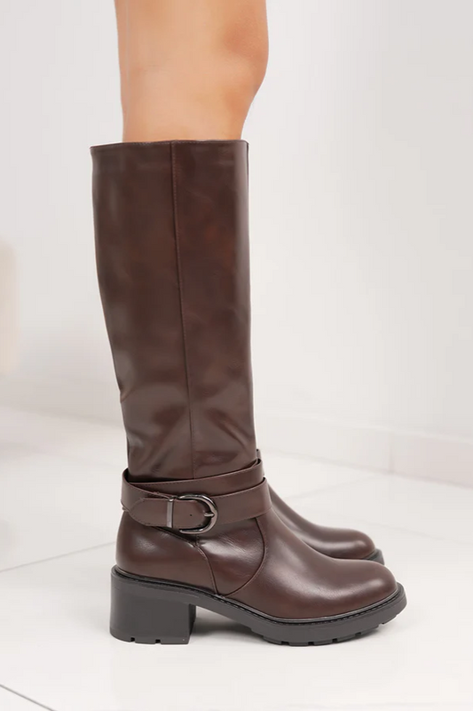 Bottes cavalières plateforme talon bloc, Marron