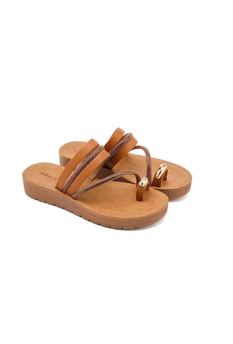 Sandale conforte avec strass à entre-doigt, Camel