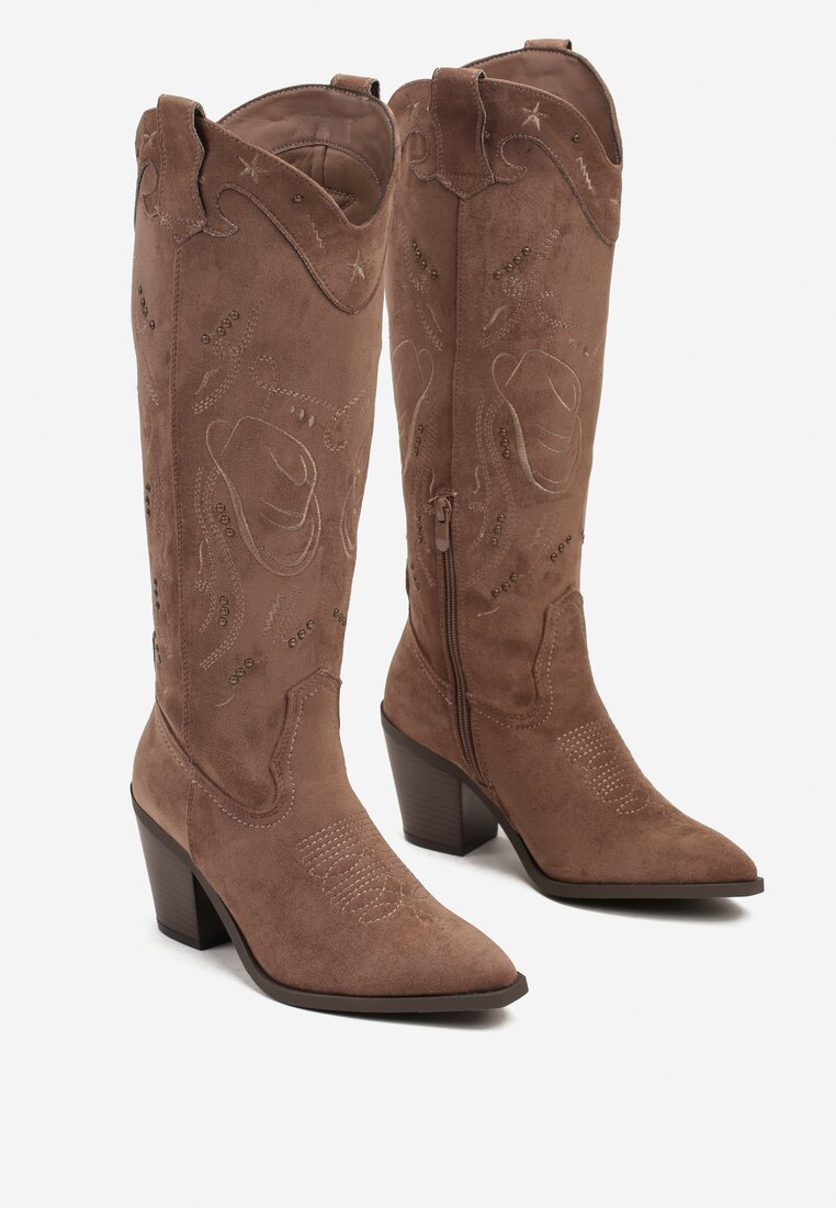 Botte Santiags bout pointu à strass, Taupe