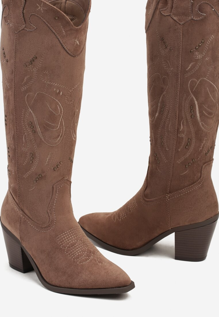 Botte Santiags bout pointu à strass, Taupe