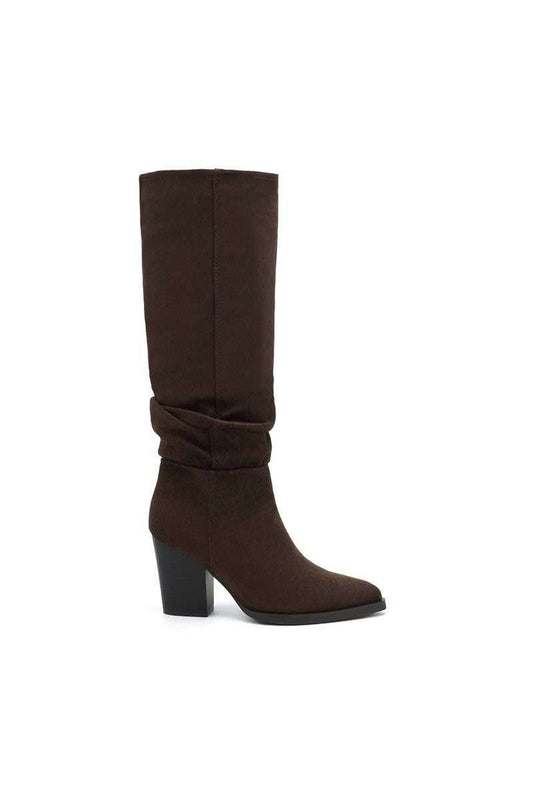 Bottes bout pointu effet plissé à talon bloc - marron
