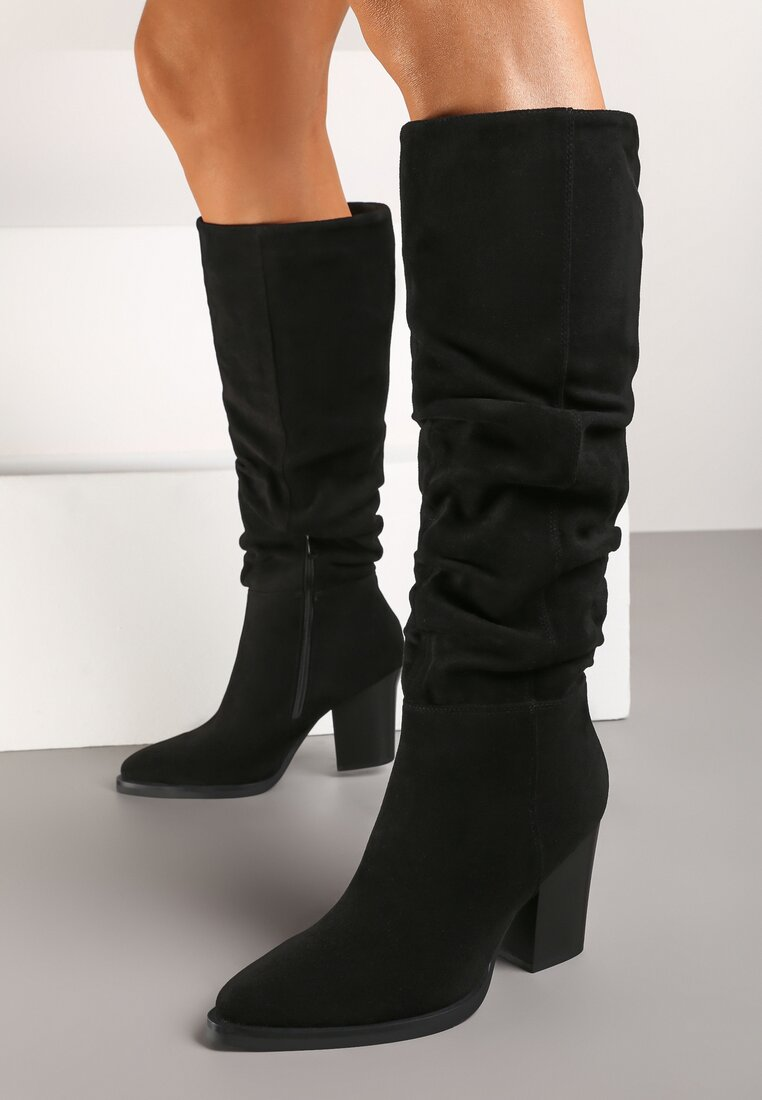 Bottes bout pointu effet plissé à talon bloc - noir