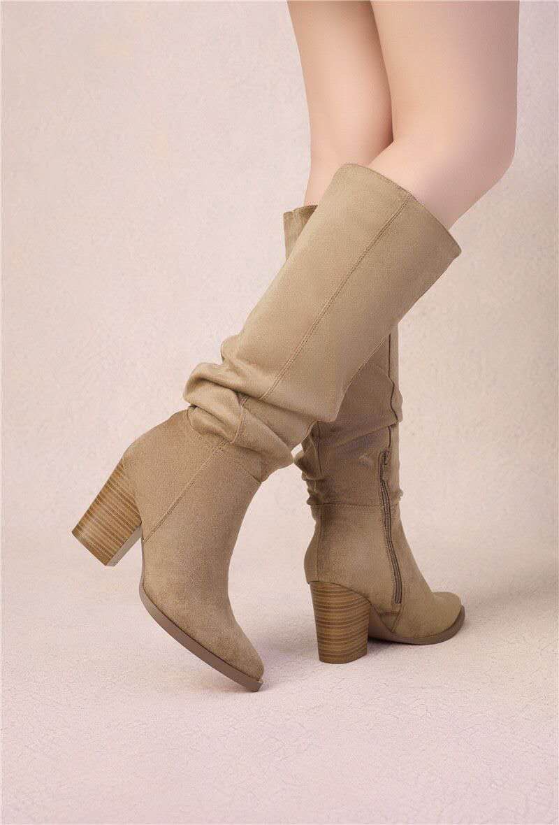 Bottes bout pointu effet plissé à talon bloc - taupe