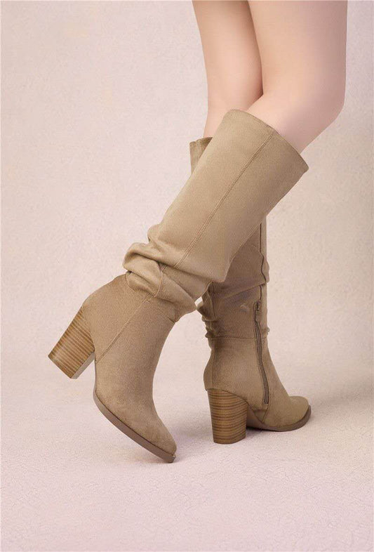 Bottes bout pointu effet plissé à talon bloc - taupe