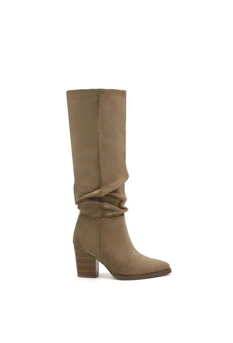 Bottes bout pointu effet plissé à talon bloc - taupe